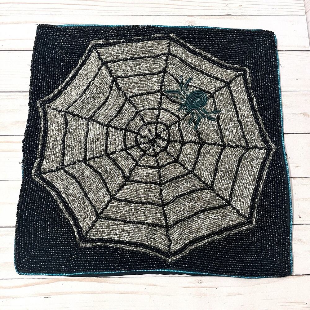 Pier 1 Glass Beaded Spider Web Square Pillow Cover 14” Sparkly Halloween Spooky